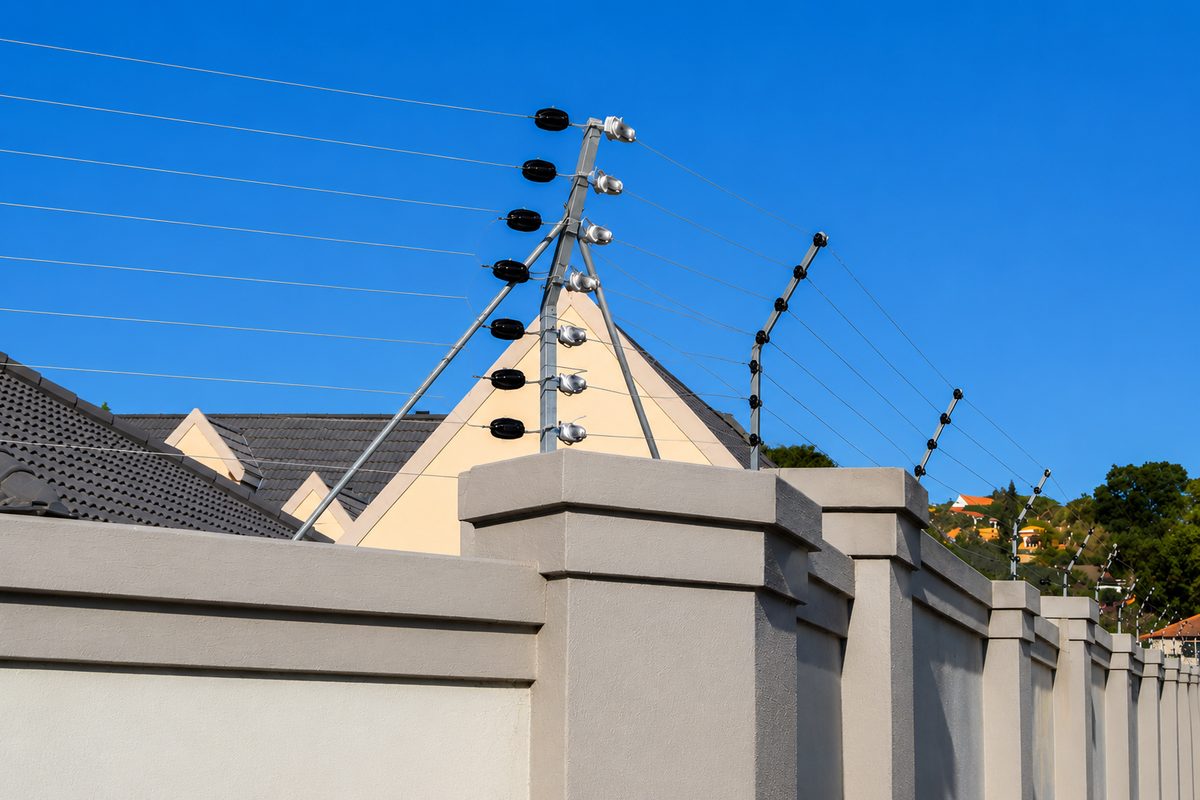 Cerca elétrica residencial instalada sobre muro