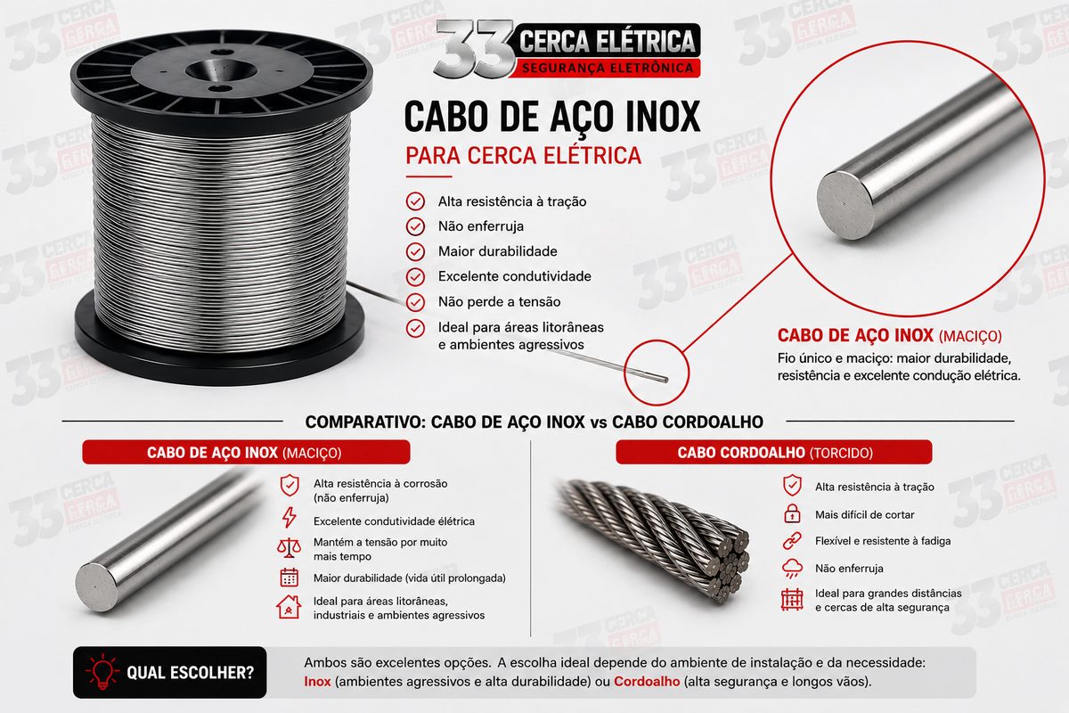 Infográfico comparando cabo de aço inox e cabo cordoalho para cerca elétrica